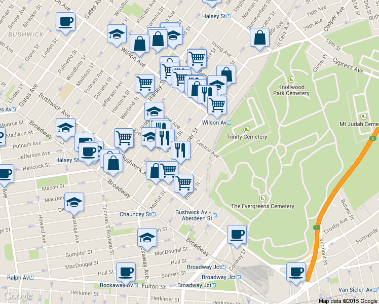 map of restaurants, bars, coffee shops, grocery stores, and more near 133 Cooper Street in Brooklyn