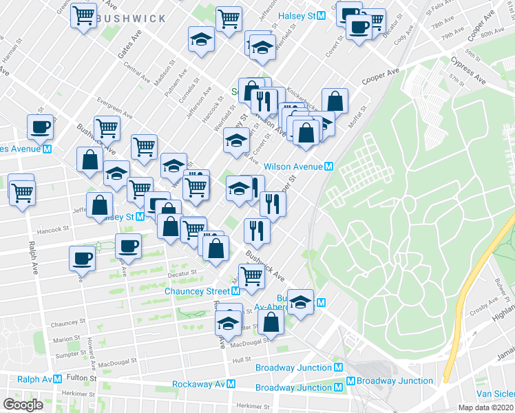 map of restaurants, bars, coffee shops, grocery stores, and more near 116 Schaefer Street in Brooklyn