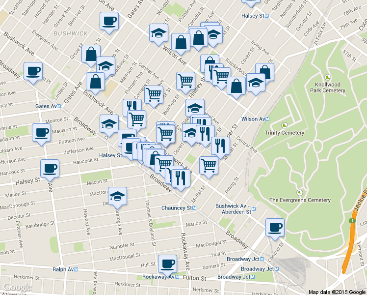 map of restaurants, bars, coffee shops, grocery stores, and more near in Brooklyn