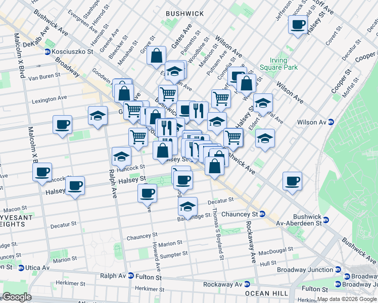 map of restaurants, bars, coffee shops, grocery stores, and more near 1045 Jefferson Avenue in Brooklyn