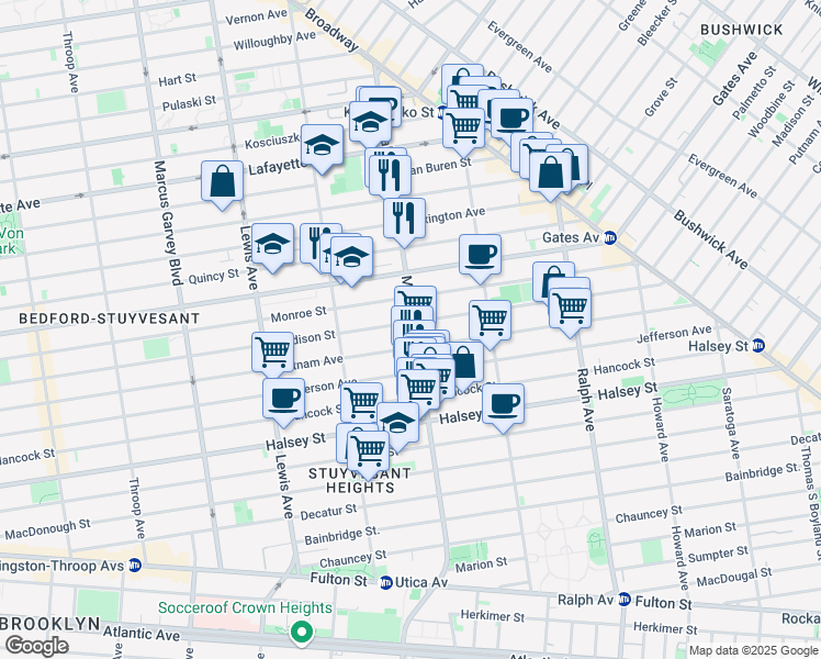 map of restaurants, bars, coffee shops, grocery stores, and more near 656 Monroe Street in Brooklyn