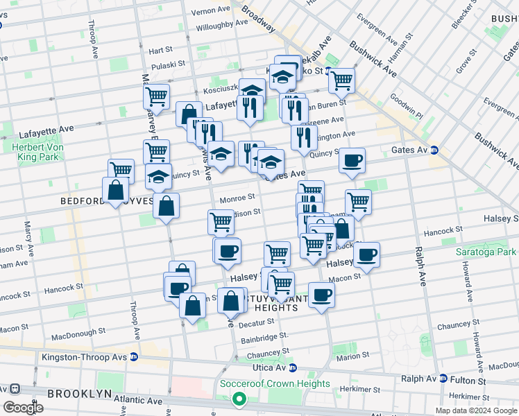 map of restaurants, bars, coffee shops, grocery stores, and more near in Brooklyn