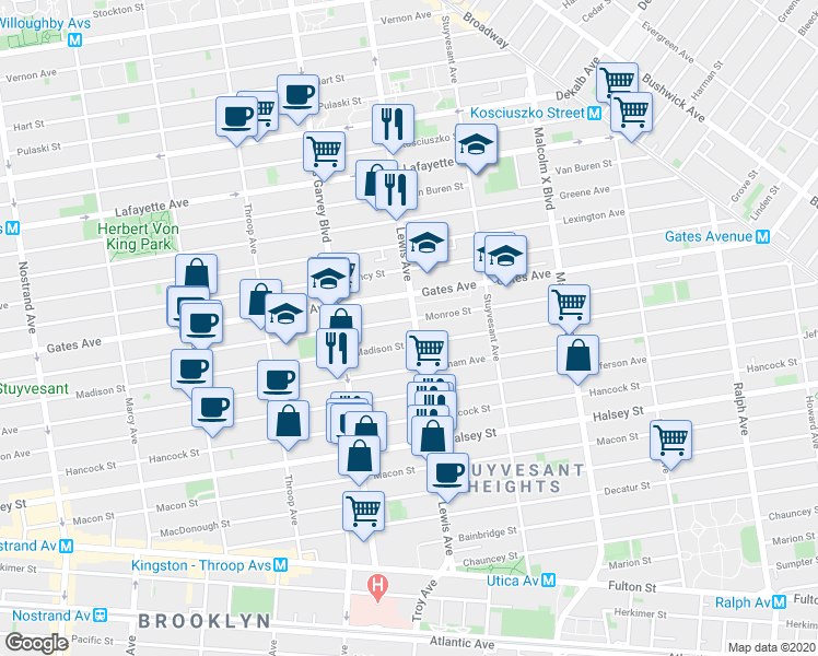 map of restaurants, bars, coffee shops, grocery stores, and more near 515 Monroe Street in Brooklyn