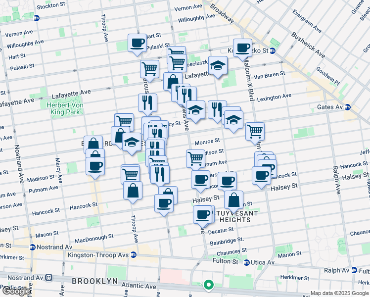 map of restaurants, bars, coffee shops, grocery stores, and more near 515 Monroe Street in Brooklyn
