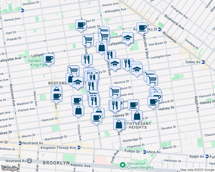 map of restaurants, bars, coffee shops, grocery stores, and more near 515 Monroe Street in Brooklyn