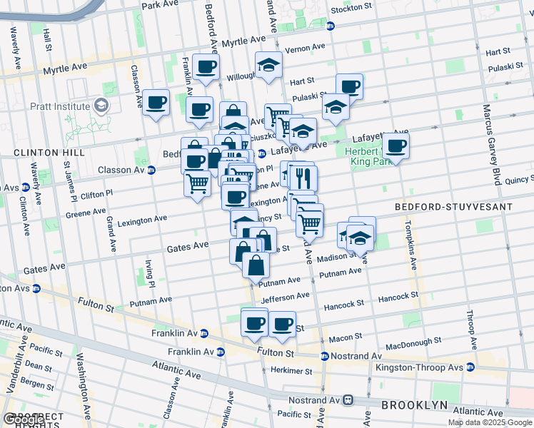 map of restaurants, bars, coffee shops, grocery stores, and more near 235A Lexington Avenue in Brooklyn