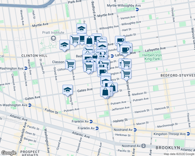 map of restaurants, bars, coffee shops, grocery stores, and more near 159 Lexington Avenue in Brooklyn