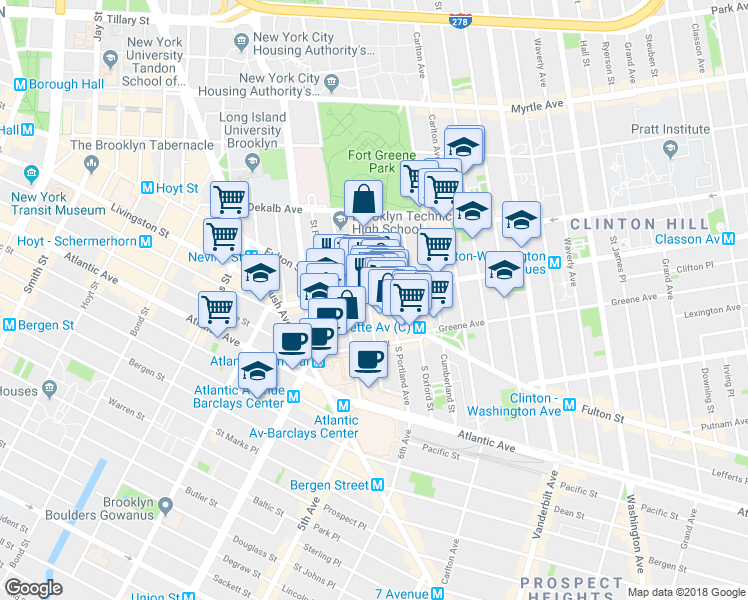 map of restaurants, bars, coffee shops, grocery stores, and more near 75 South Elliott Place in Brooklyn