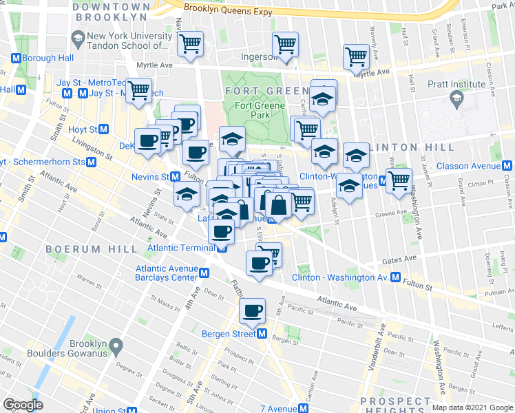 map of restaurants, bars, coffee shops, grocery stores, and more near 75 South Elliott Place in Brooklyn