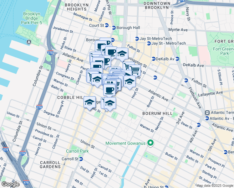 map of restaurants, bars, coffee shops, grocery stores, and more near 66 Dean Street in Brooklyn