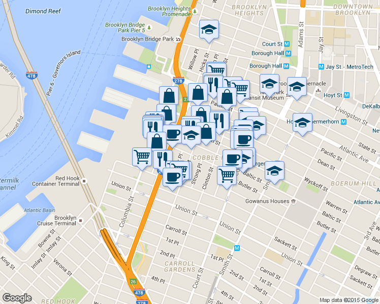 map of restaurants, bars, coffee shops, grocery stores, and more near 402 Henry Street in Brooklyn