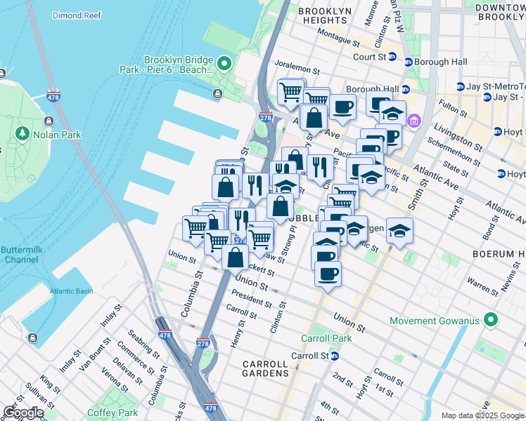 map of restaurants, bars, coffee shops, grocery stores, and more near 447 Hicks Street in Brooklyn