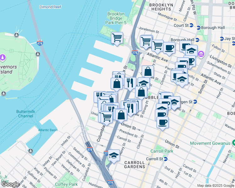 map of restaurants, bars, coffee shops, grocery stores, and more near 90 Kane Street in Brooklyn