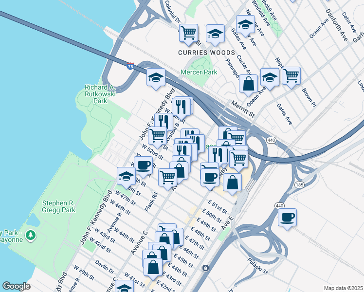 map of restaurants, bars, coffee shops, grocery stores, and more near 300 Avenue B in Bayonne