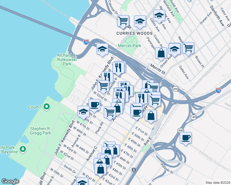 map of restaurants, bars, coffee shops, grocery stores, and more near 300 Avenue B in Bayonne
