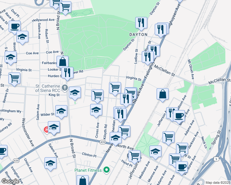 map of restaurants, bars, coffee shops, grocery stores, and more near 1030 Sheridan Avenue in Elizabeth
