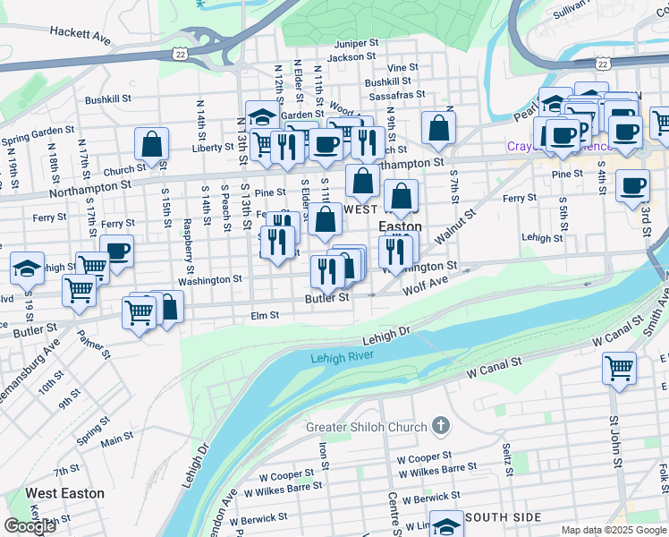 map of restaurants, bars, coffee shops, grocery stores, and more near 1038 Lehigh Street in Easton