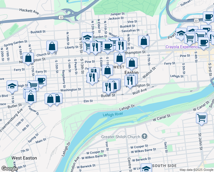 map of restaurants, bars, coffee shops, grocery stores, and more near 1125 Lehigh Street in Easton