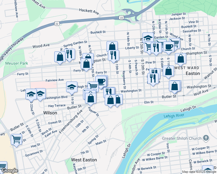 map of restaurants, bars, coffee shops, grocery stores, and more near 1521 Lehigh Street in Easton