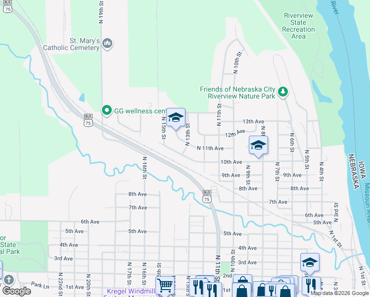 map of restaurants, bars, coffee shops, grocery stores, and more near 1208 North 11th Avenue in Nebraska City