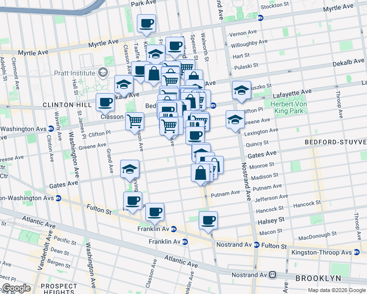 map of restaurants, bars, coffee shops, grocery stores, and more near 140A Lexington Avenue in Brooklyn