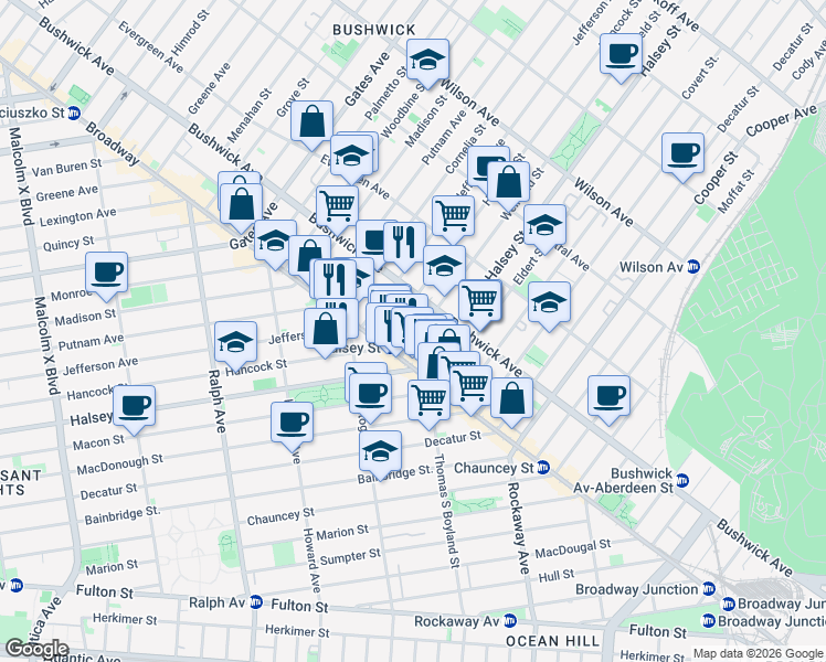 map of restaurants, bars, coffee shops, grocery stores, and more near 29 Weirfield Street in Brooklyn