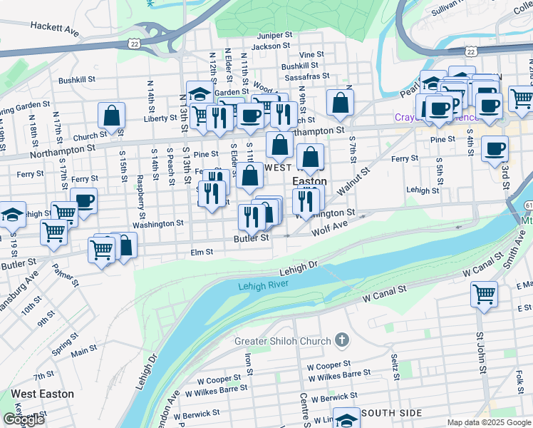 map of restaurants, bars, coffee shops, grocery stores, and more near 1029 Washington Street in Easton