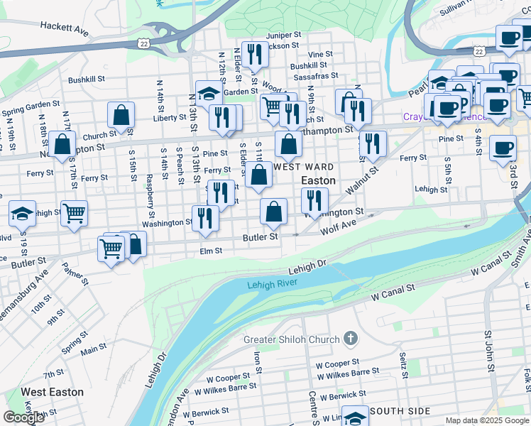 map of restaurants, bars, coffee shops, grocery stores, and more near 1055 Washington Street in Easton