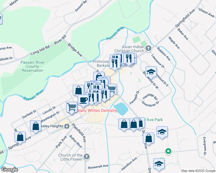map of restaurants, bars, coffee shops, grocery stores, and more near 350 Springfield Avenue in Berkeley Heights