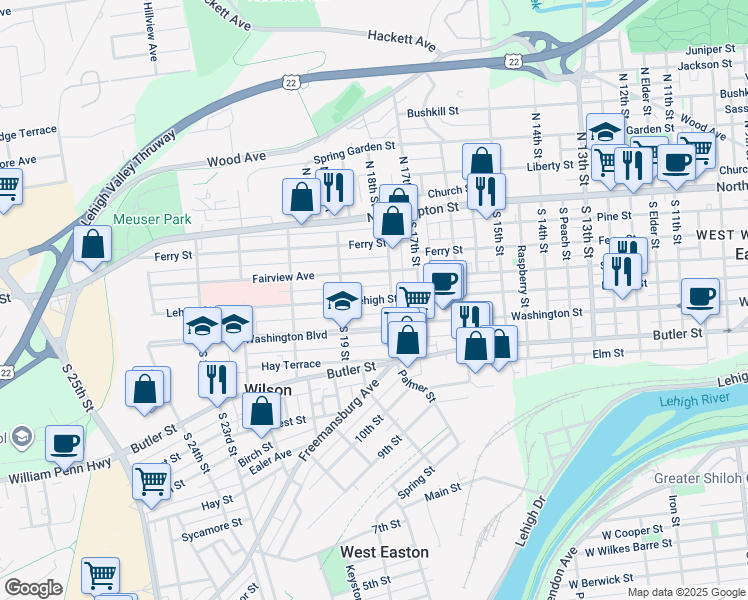 map of restaurants, bars, coffee shops, grocery stores, and more near 1818 Lehigh Street in Easton