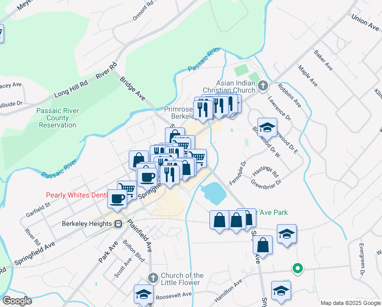 map of restaurants, bars, coffee shops, grocery stores, and more near 350 Springfield Avenue in Berkeley Heights