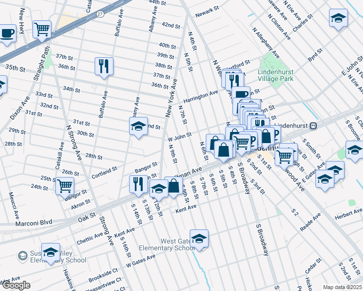 map of restaurants, bars, coffee shops, grocery stores, and more near North 8th Street in Lindenhurst