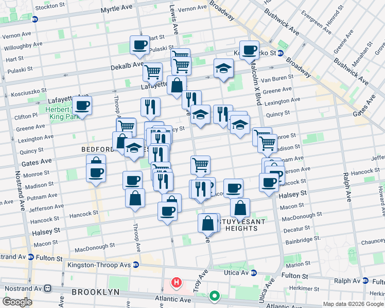 map of restaurants, bars, coffee shops, grocery stores, and more near 515 Monroe Street in Brooklyn