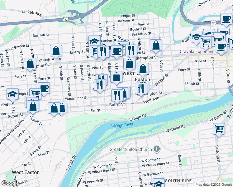 map of restaurants, bars, coffee shops, grocery stores, and more near 1105 Washington Street in Easton