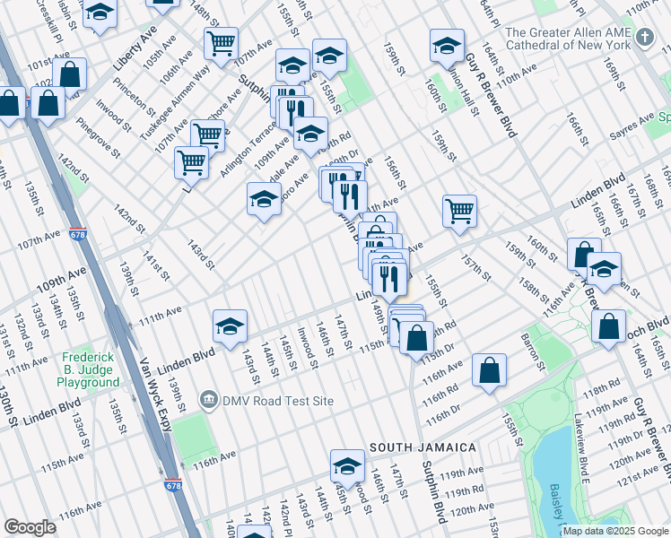 map of restaurants, bars, coffee shops, grocery stores, and more near 112-02 148th Street in Queens