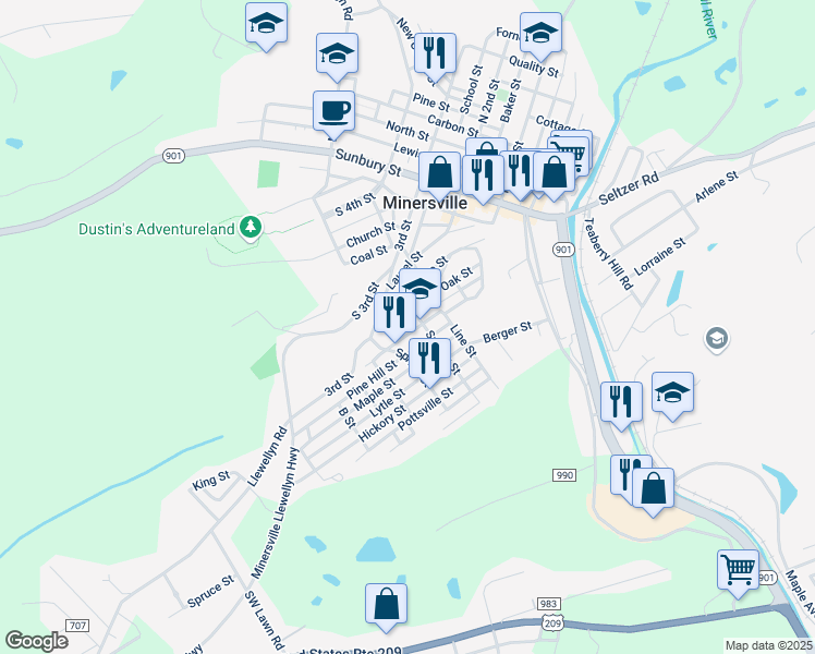 map of restaurants, bars, coffee shops, grocery stores, and more near 413 Saint Francis Street in Minersville