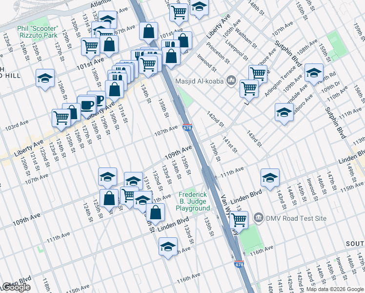 map of restaurants, bars, coffee shops, grocery stores, and more near 107-28 Van Wyck Expressway in Queens