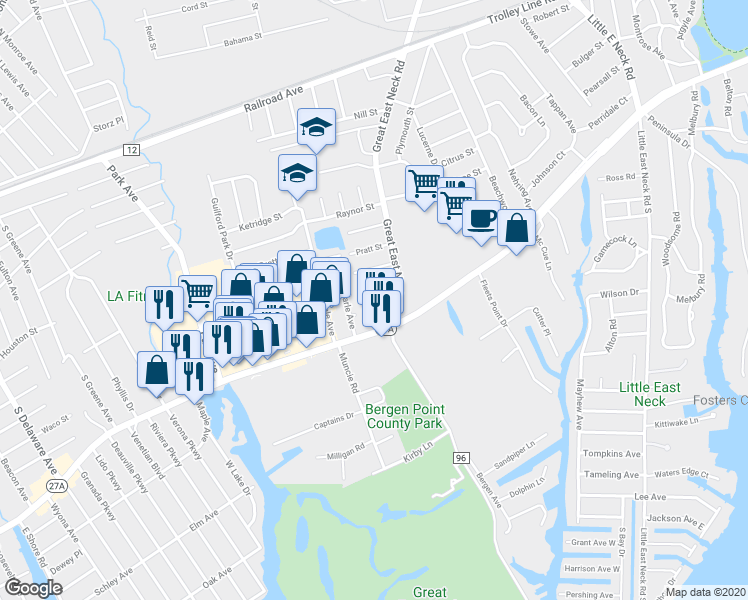 map of restaurants, bars, coffee shops, grocery stores, and more near 6 Baker Street in West Babylon