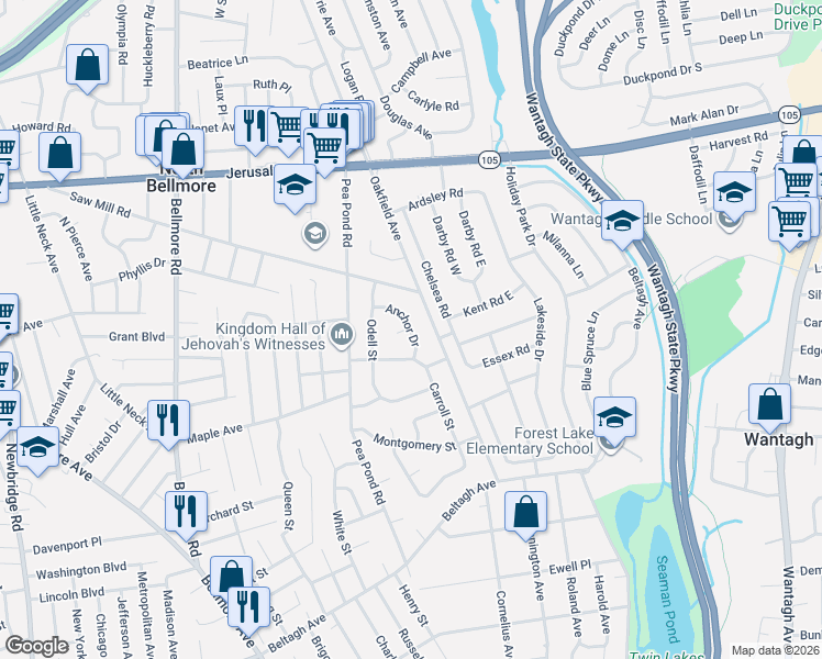 map of restaurants, bars, coffee shops, grocery stores, and more near 1366 Oakfield Avenue in Wantagh