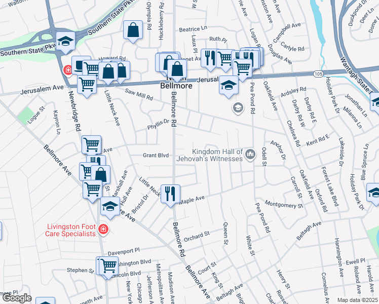 map of restaurants, bars, coffee shops, grocery stores, and more near 1373 Bellmore Road in North Bellmore