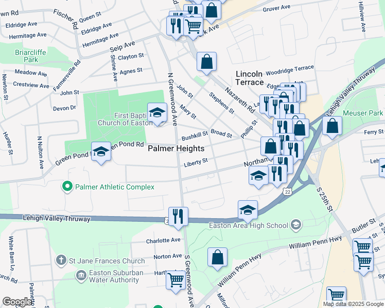 map of restaurants, bars, coffee shops, grocery stores, and more near 2716 Spring Garden Street in Easton