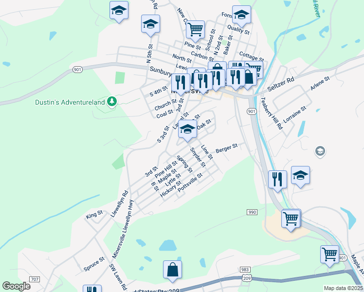 map of restaurants, bars, coffee shops, grocery stores, and more near 413 Saint Francis Street in Minersville