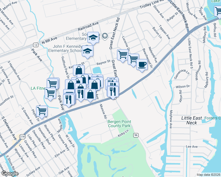 map of restaurants, bars, coffee shops, grocery stores, and more near 2 Baker Street in West Babylon