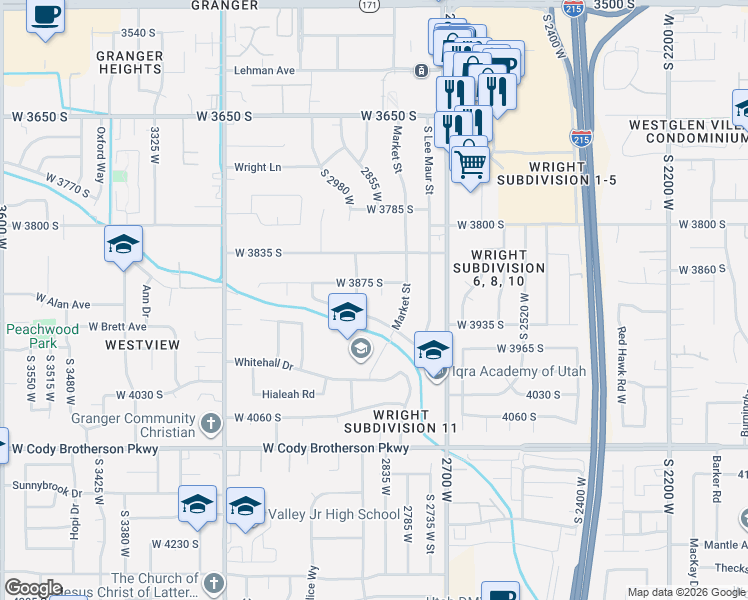 map of restaurants, bars, coffee shops, grocery stores, and more near 3896 South Campfire Circle in West Valley City
