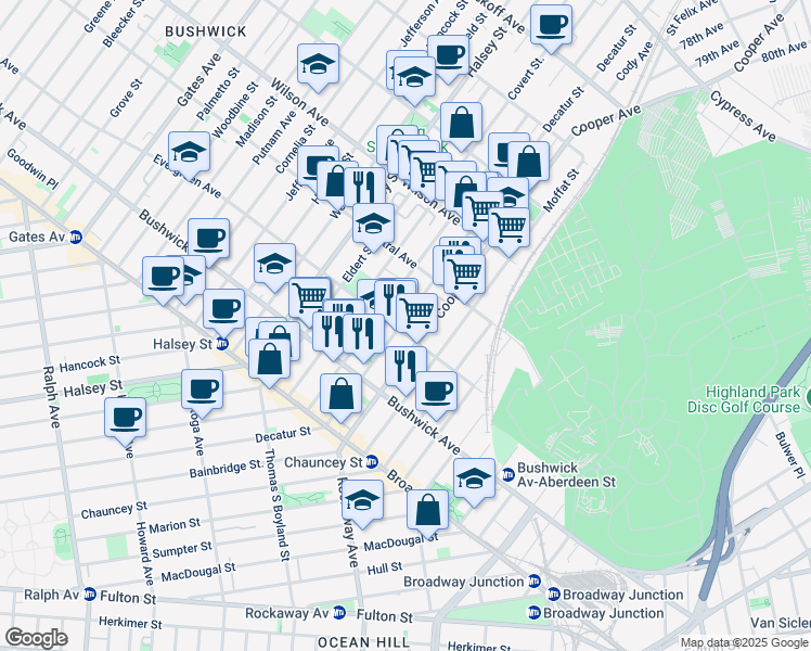 map of restaurants, bars, coffee shops, grocery stores, and more near 116 Schaefer Street in Brooklyn
