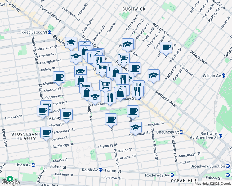 map of restaurants, bars, coffee shops, grocery stores, and more near 1021 Putnam Avenue in Brooklyn