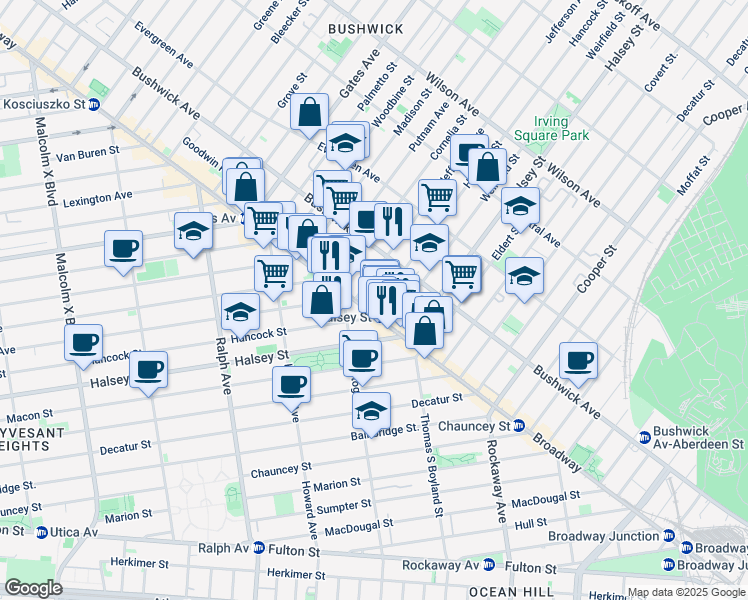 map of restaurants, bars, coffee shops, grocery stores, and more near 1045 Jefferson Avenue in Brooklyn