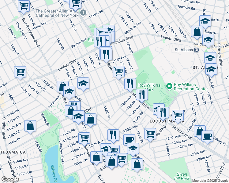 map of restaurants, bars, coffee shops, grocery stores, and more near 116-17 170th Street in Queens