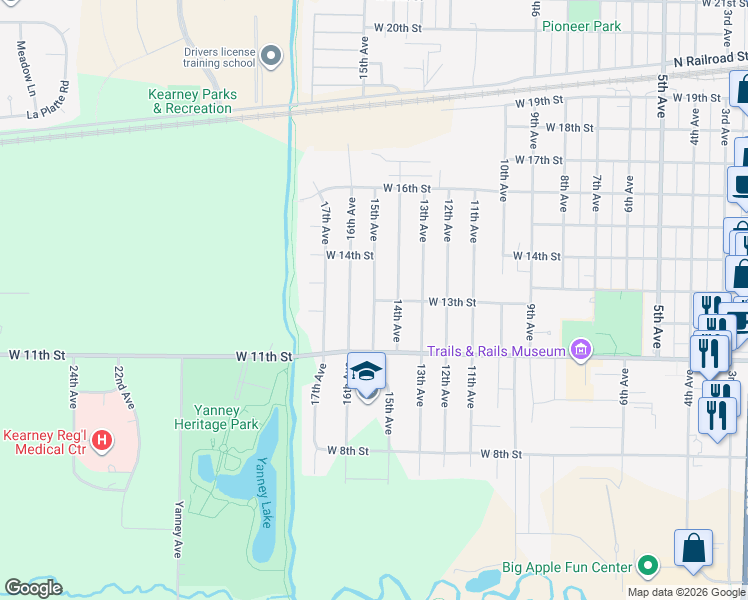 map of restaurants, bars, coffee shops, grocery stores, and more near 1301 15th Avenue in Kearney