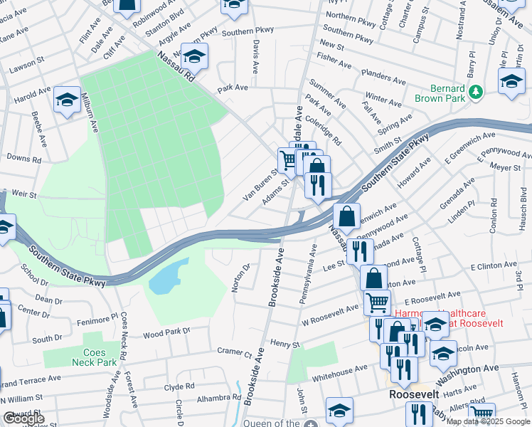 map of restaurants, bars, coffee shops, grocery stores, and more near 622 Hillside Court in Uniondale